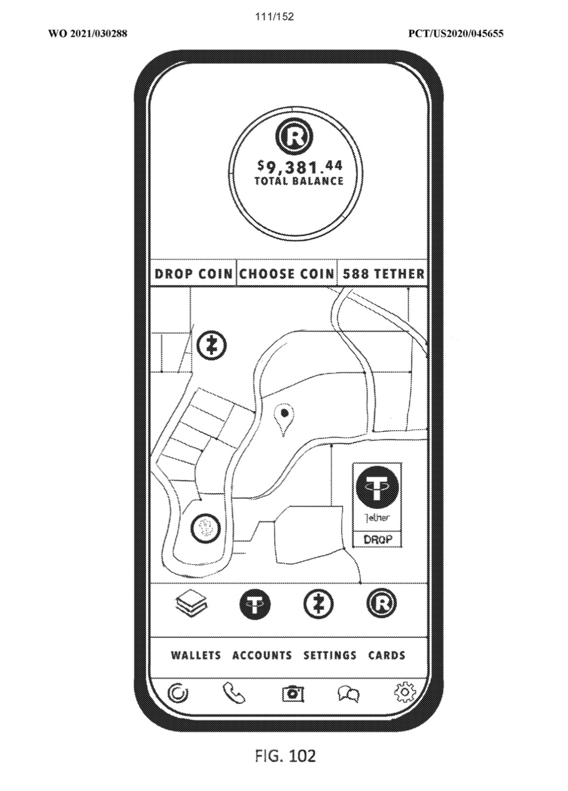 Patent figure 102: handset wallet screen with a total balance of $9,381.44 above a map showing drop coin, choose coin and 588 Tether markers placed at locations