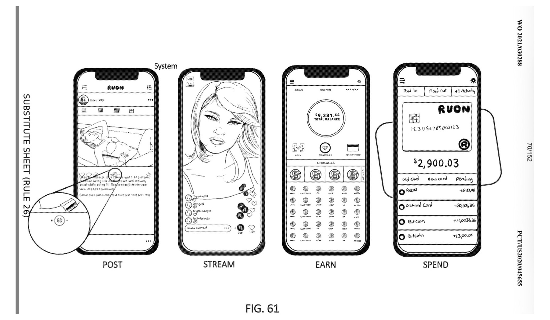 Patent figure 61: four handset screens labelled post, stream, earn and spend, showing a feed, a live stream, a balance of $9,381.44 and a card with multi-asset balances