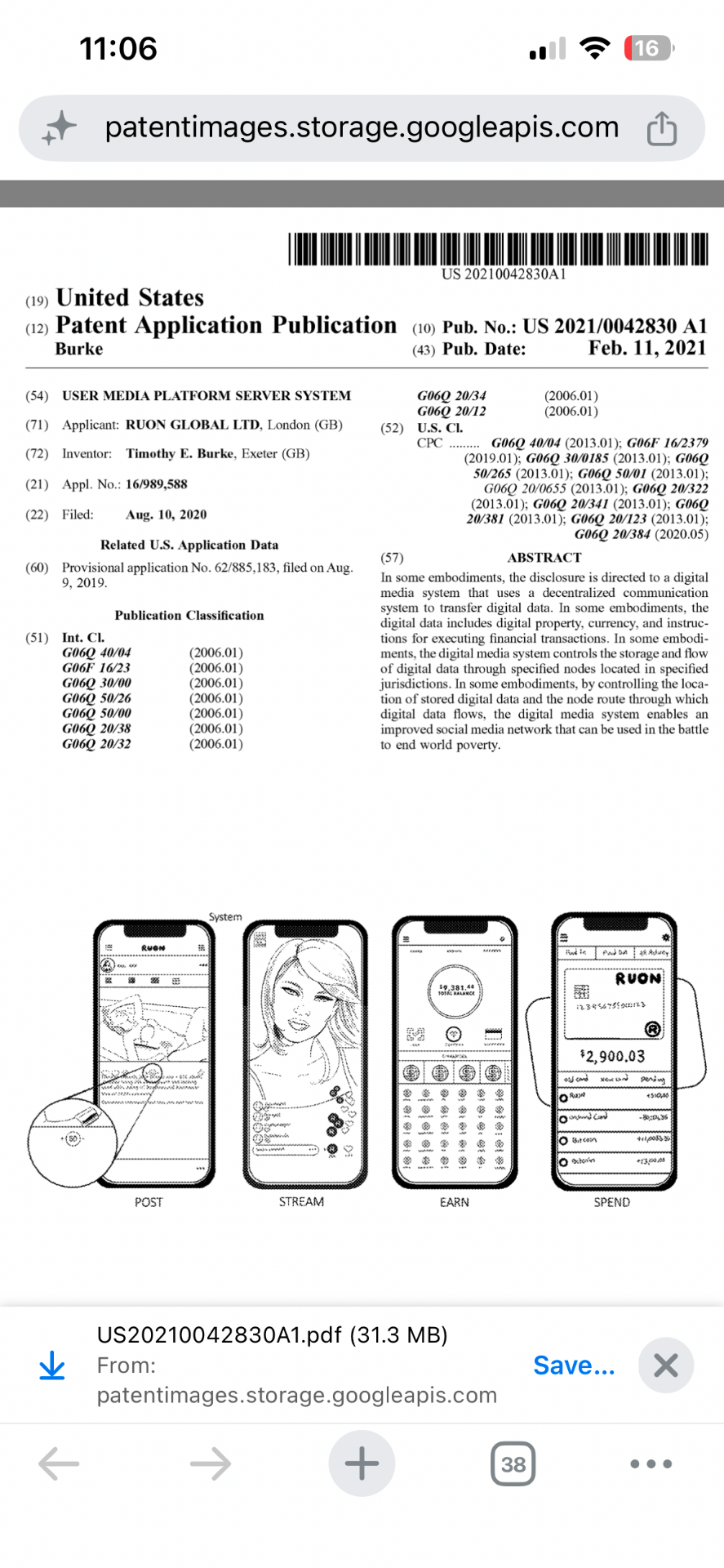 Cover page of US patent application publication US 2021/0042830 A1, User Media Platform Server System, RUON Global Ltd, showing the four app screens