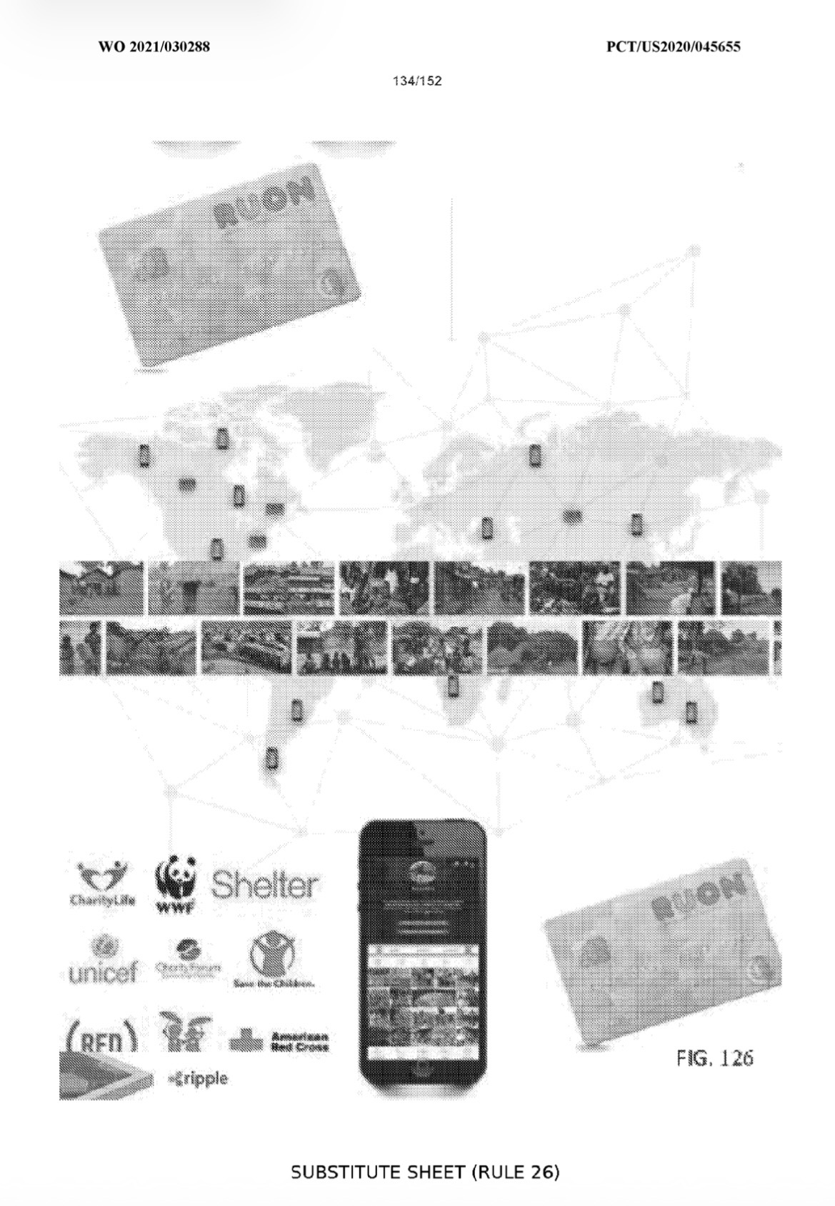Patent figure 126: aid recipients mapped worldwide, the SpaceFile handset and card, and charitable organisations including UNICEF, WWF, Save the Children and the American Red Cross