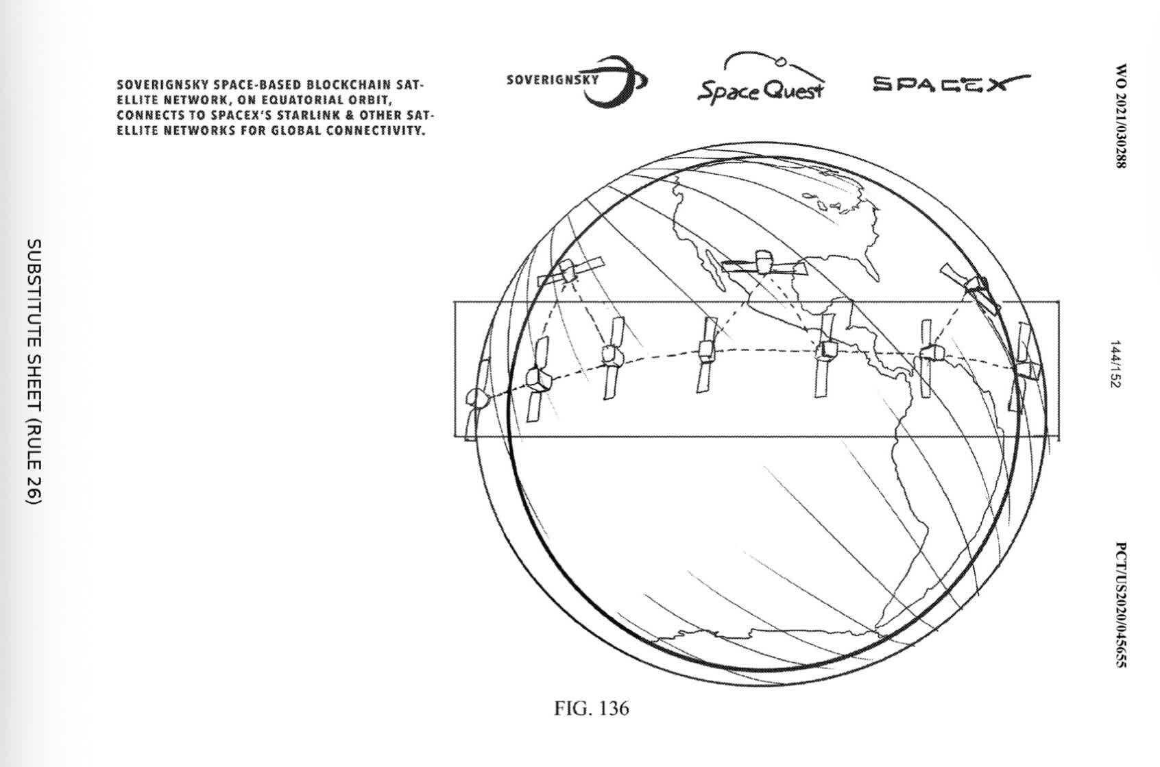 Patent figure 136: SovereignSky equatorial blockchain satellite network connecting to SpaceX Starlink and other satellite networks