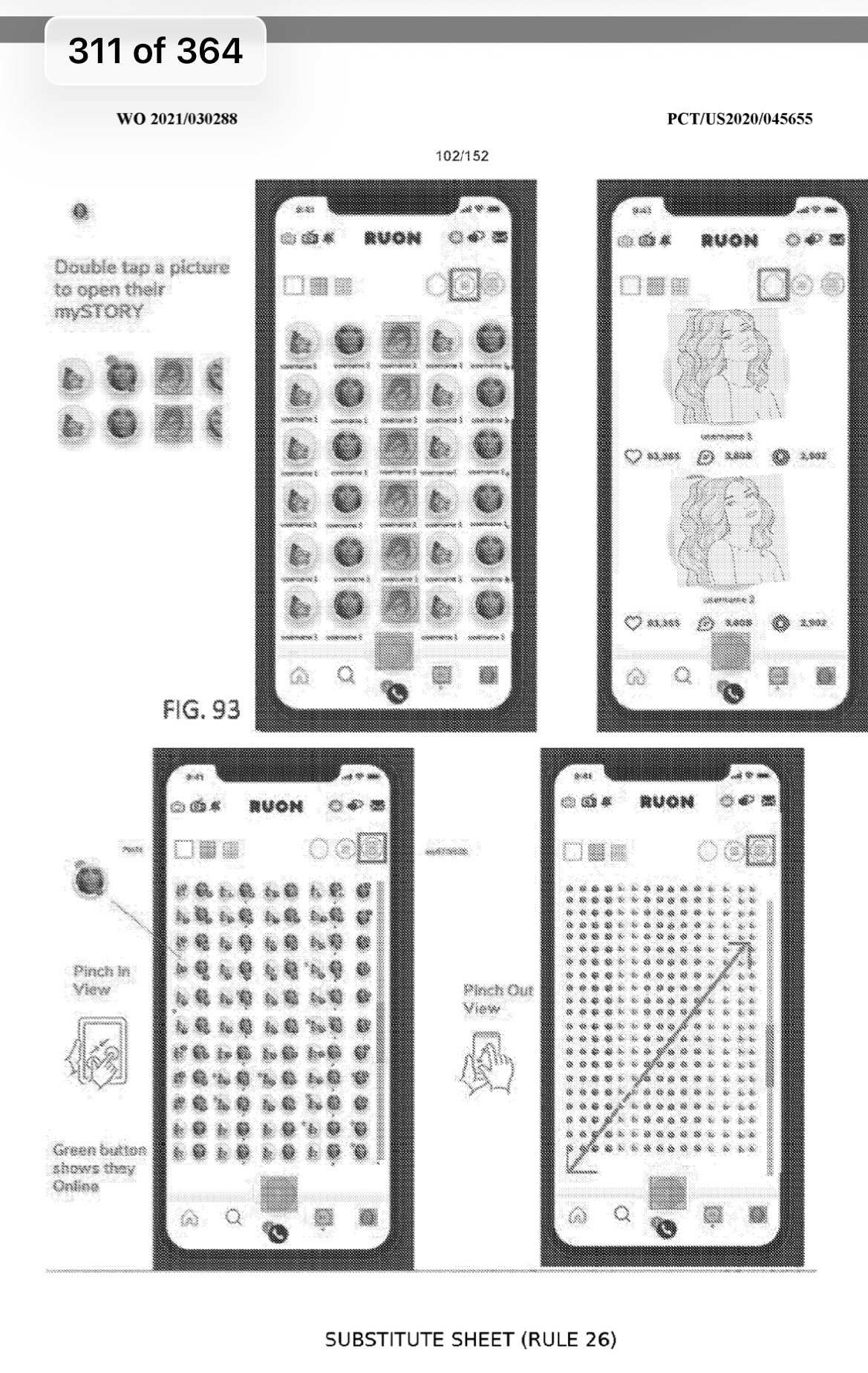 Patent figure 93: handset screens showing a grid of user avatars, myStory opening on double tap, and pinch-in and pinch-out views with an online indicator