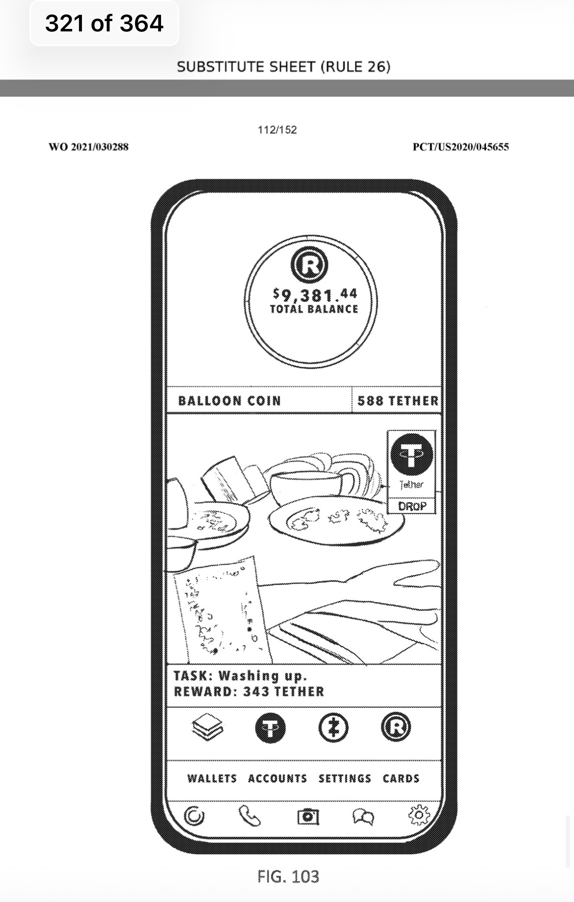 Patent figure 103: handset screen showing a task, washing up, with a reward of 343 Tether alongside wallet, accounts, settings and cards navigation