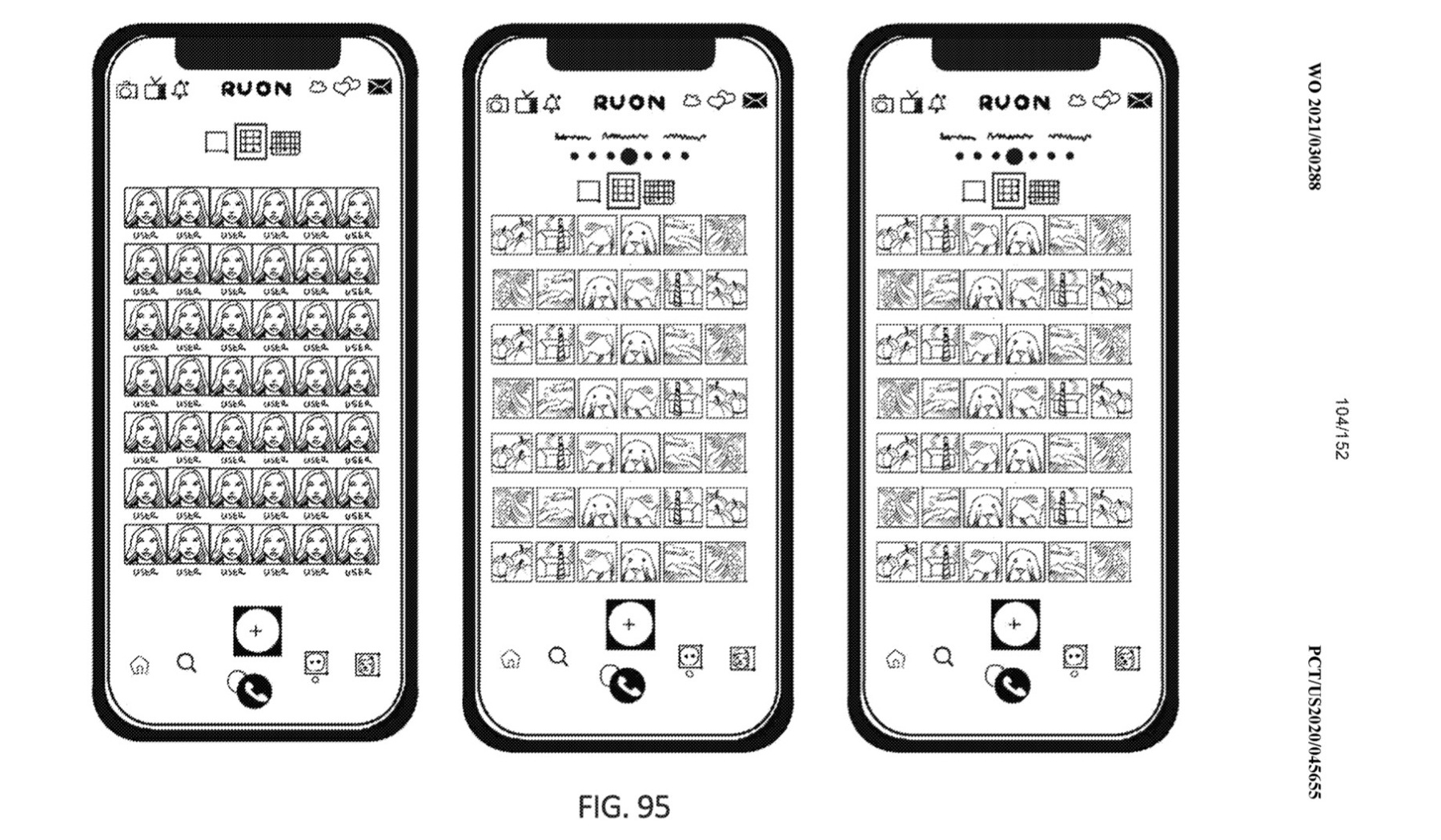 Patent figure 95: three handset screens showing progressively denser discovery grids of user posts and profiles