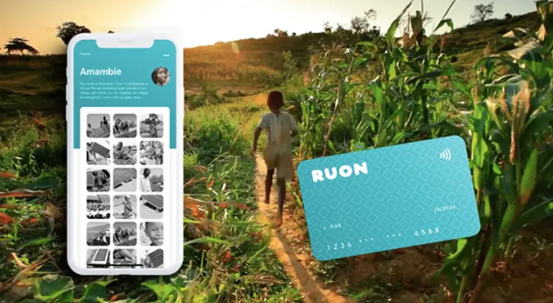 The original RUON app profile screen beside a teal contactless RUON payment card, over a rural farm path