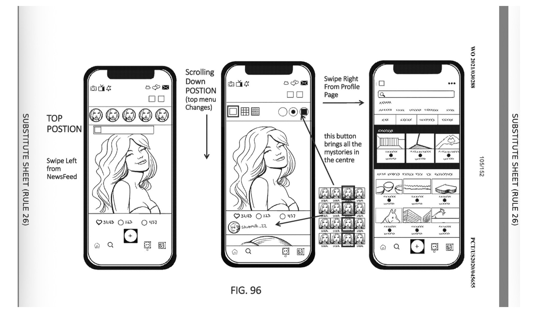 Patent figure 96: handset screens showing a profile page, stories row and search grid, with swipe gestures between newsfeed and profile