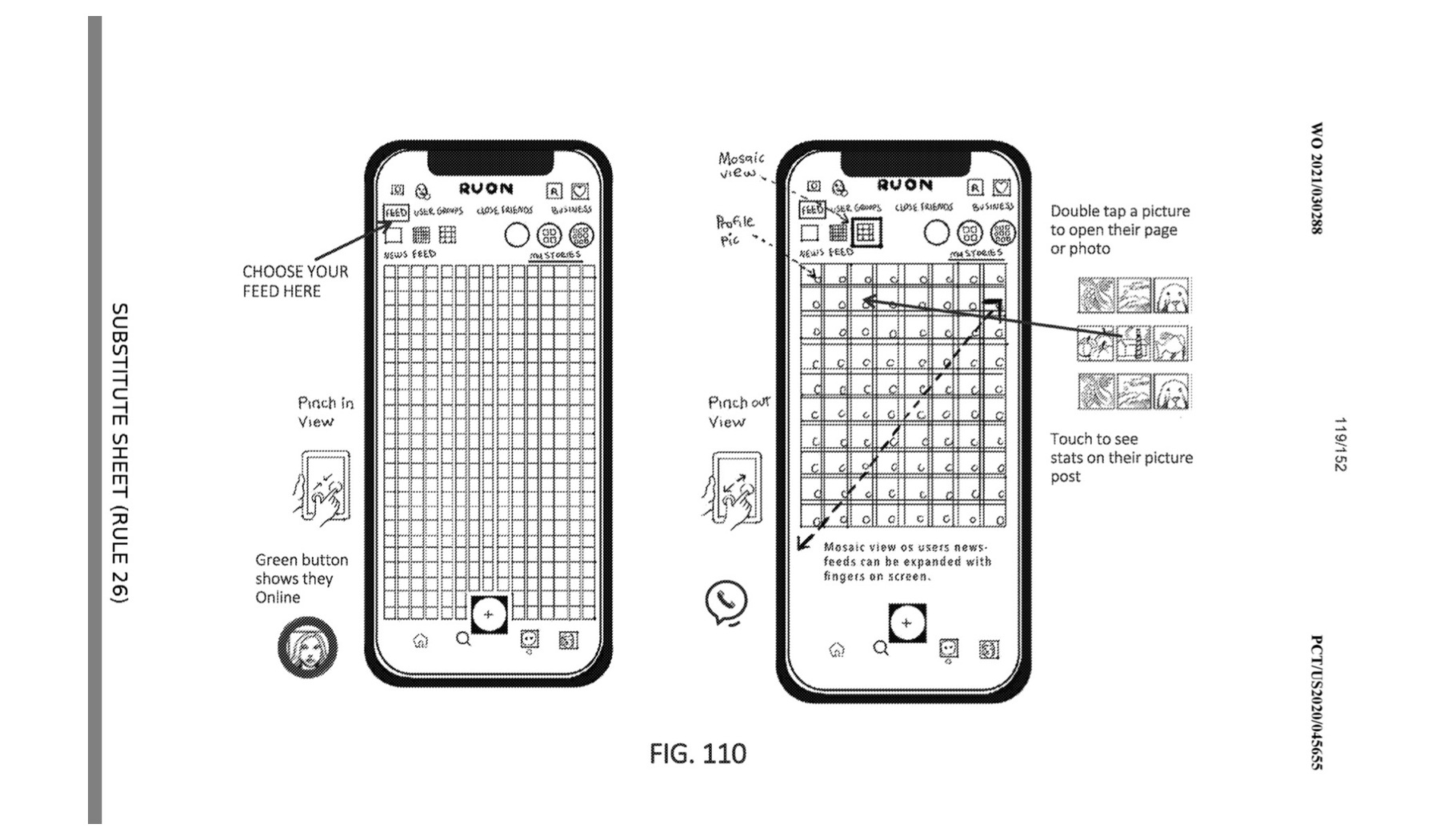 Patent figure 110: two handset screens showing a mosaic feed that can be pinched in and out, with feed selection and online-status indicators