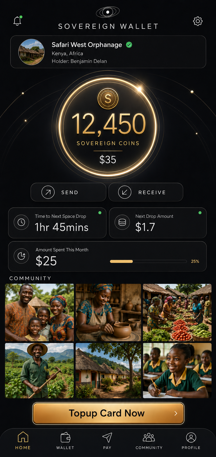 Sovereign Wallet app mockup showing balance, send and receive buttons, and community feed