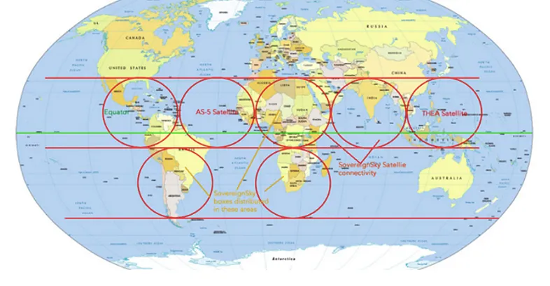 World map showing SovereignSky satellite coverage circles across the equatorial belt and ground box distribution areas in South America, Africa and Asia