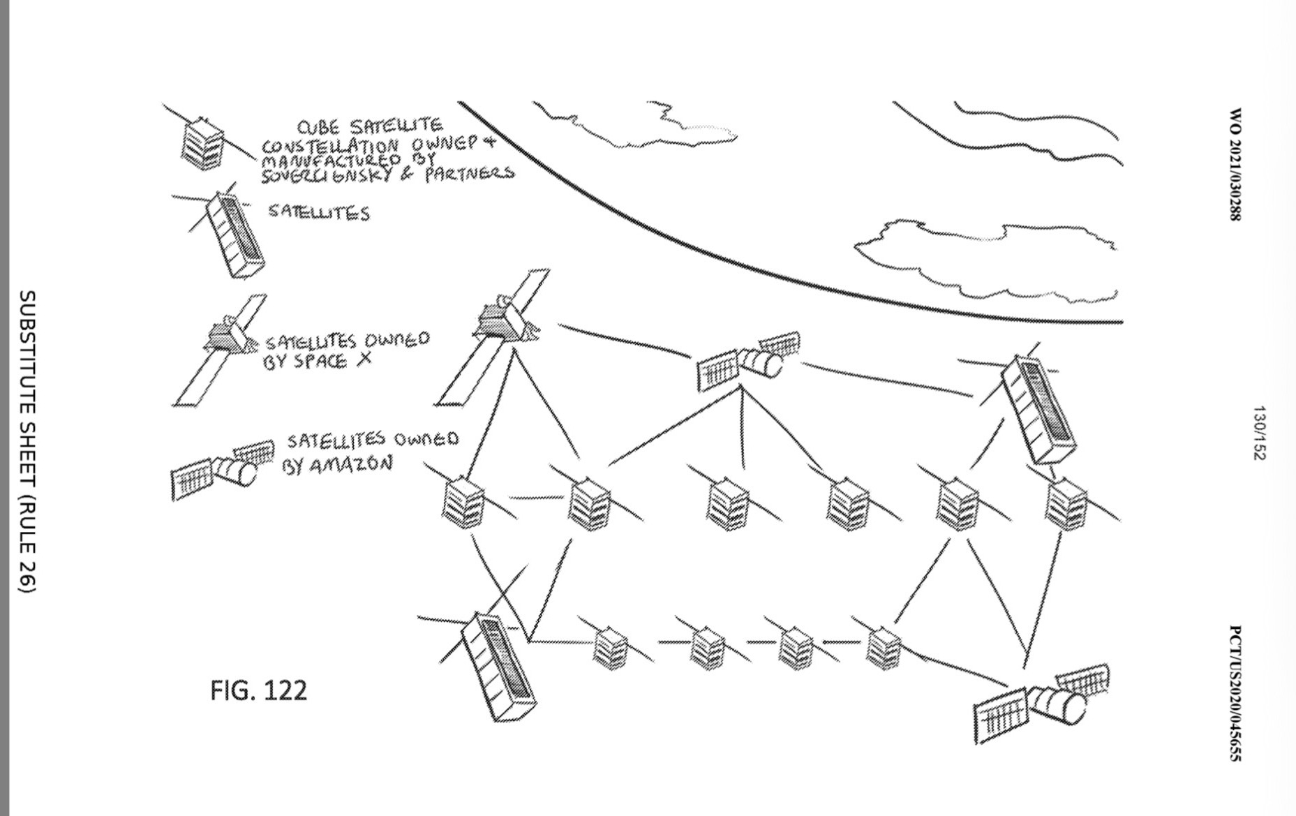 Patent figure 122: cube satellite constellation owned and manufactured by SovereignSky and partners alongside satellites owned by SpaceX and Amazon
