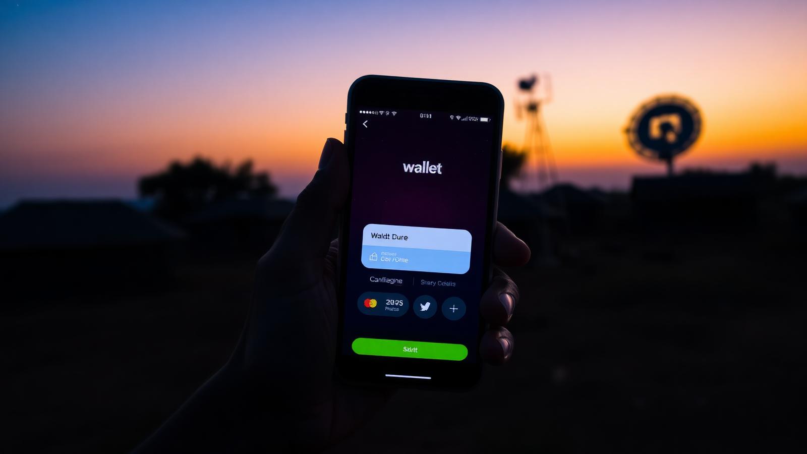 A hand holding a phone showing a wallet app at dusk in a rural village