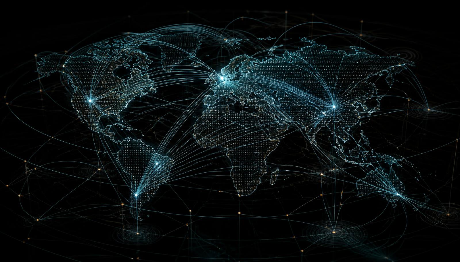 Abstract visualisation of ascending financial curves over a wireframe globe