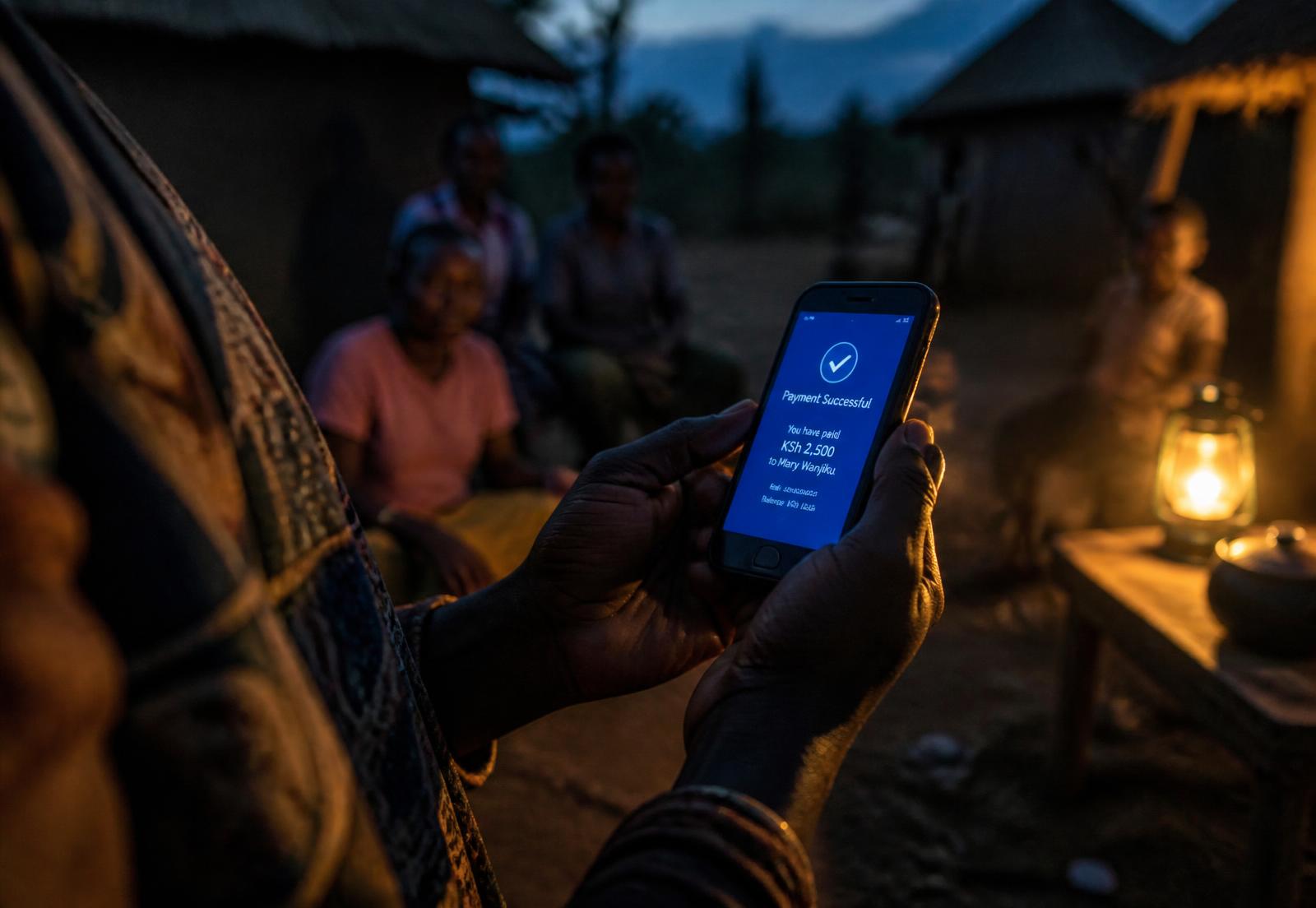 A person in a rural village holding a phone showing a completed payment at dusk